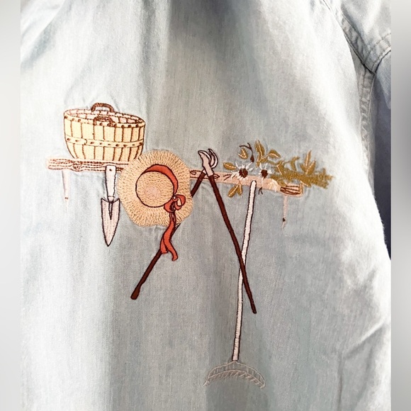 Vintage Woolrich Denim Button Down Embroidered Gardening Long Sleeve Shi… - Picture 3 of 6